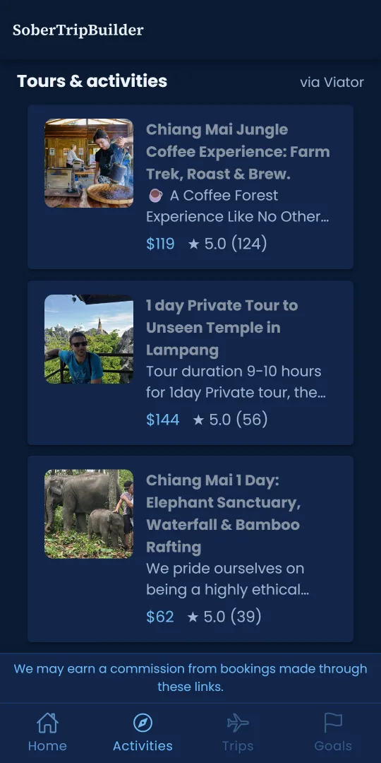 Tour and activity results for Chiang Mai in the app: prices and ratings