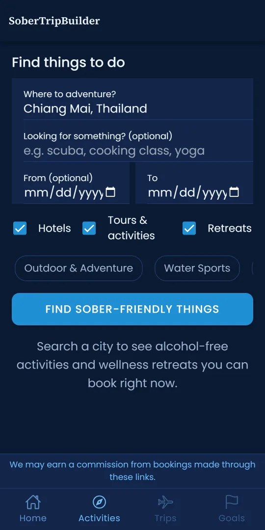 Quick Search in the app: destination "Chiang Mai, Thailand" typed in, dates optional, tours and retreats selected