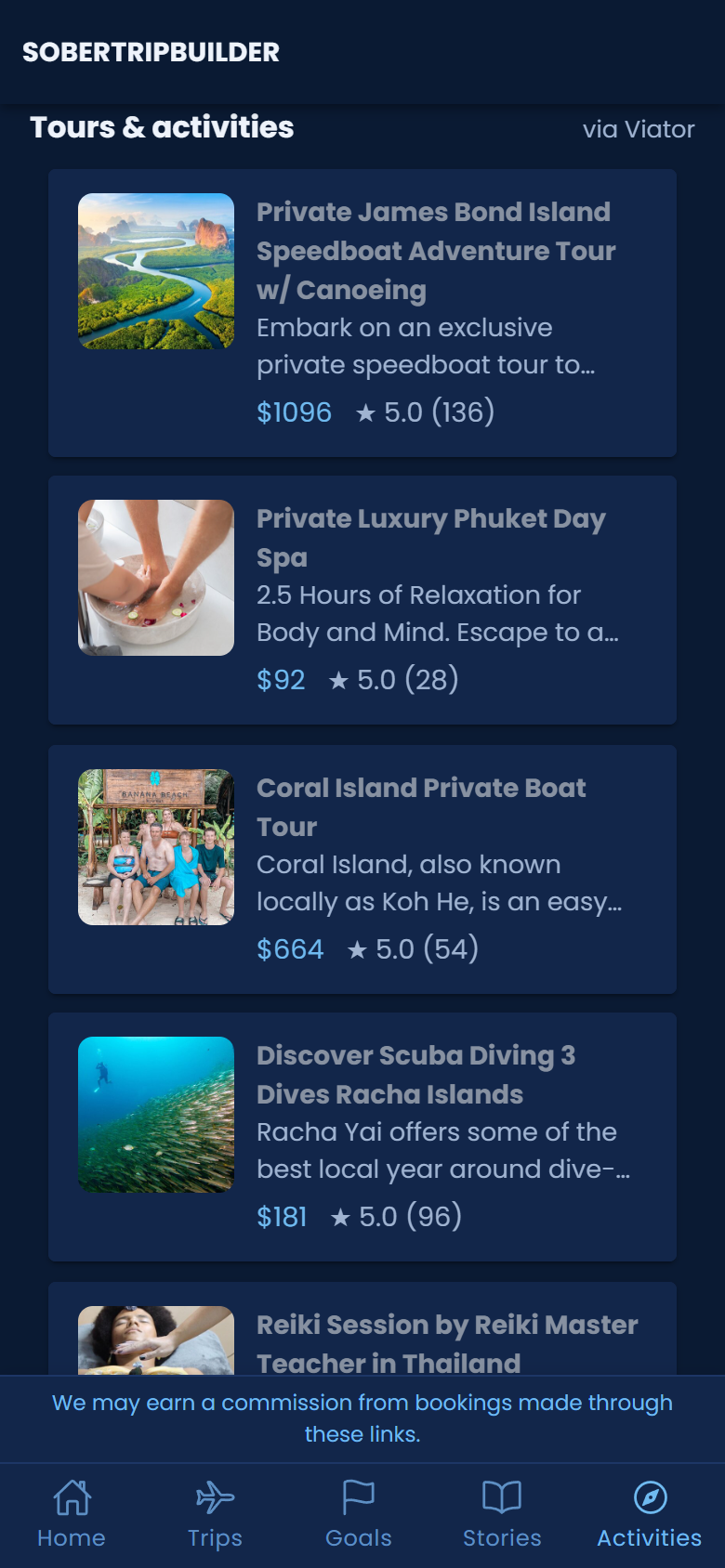 Sober-friendly tours and activities in the TravelingSober app with prices and ratings, no bars or pub crawls