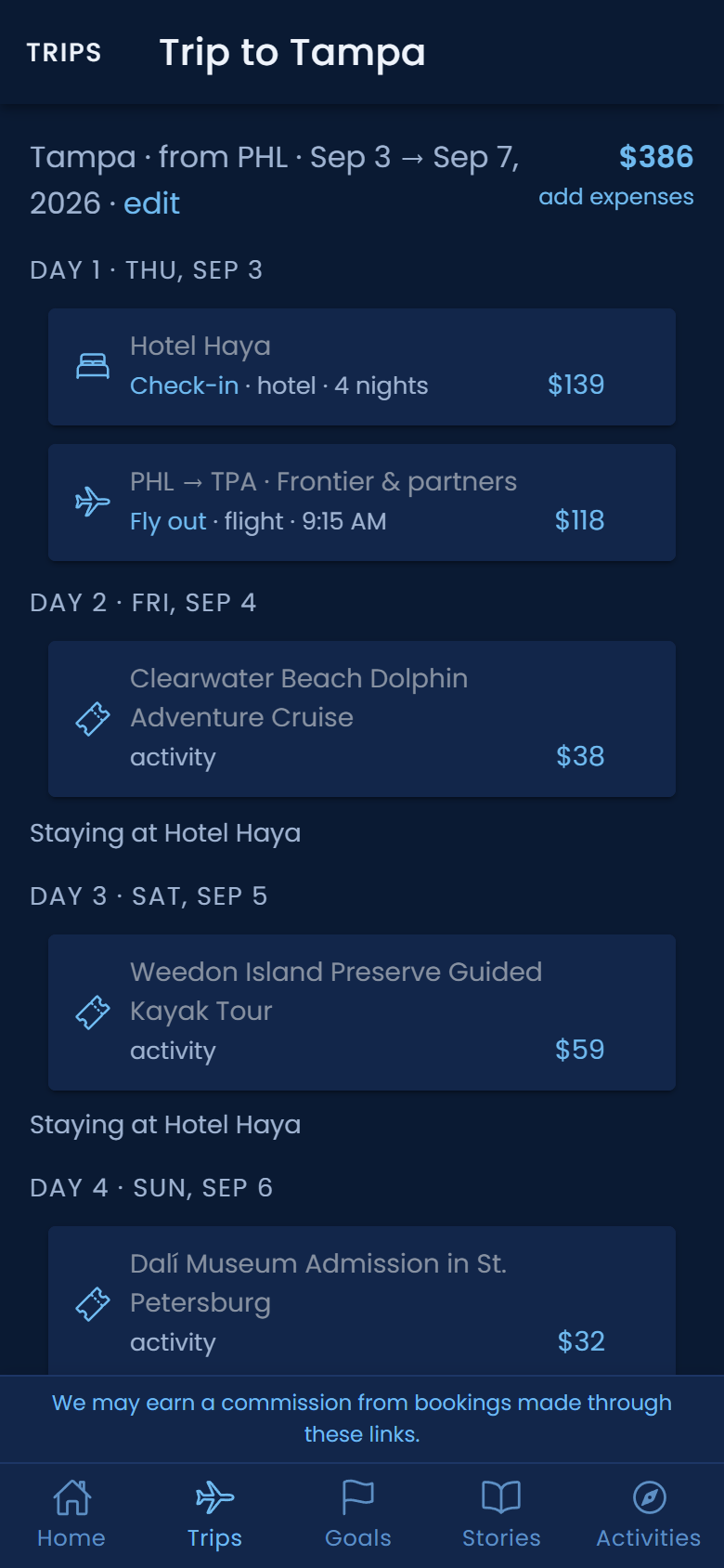 A planned sober trip to Tampa in the TravelingSober app: flight, hotel, dolphin cruise, kayaking and the Dali Museum on a day-by-day itinerary