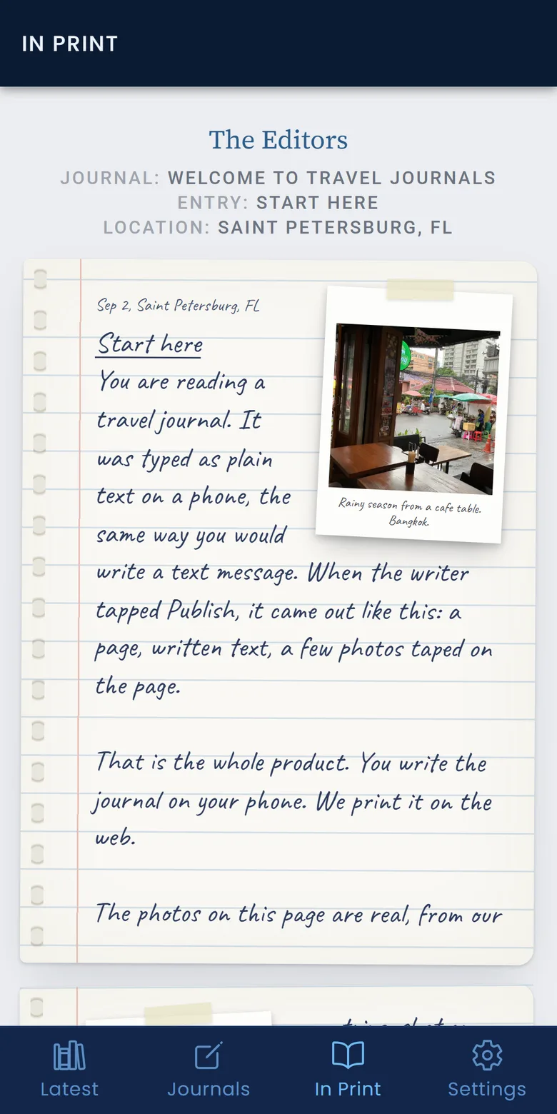 The same entry published as a handwritten page on ruled paper with a photo taped on, seen in the app's In Print tab