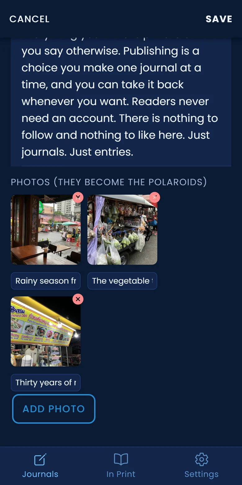 Photos attached to a journal entry in the Travel Journals app, each with a short caption
