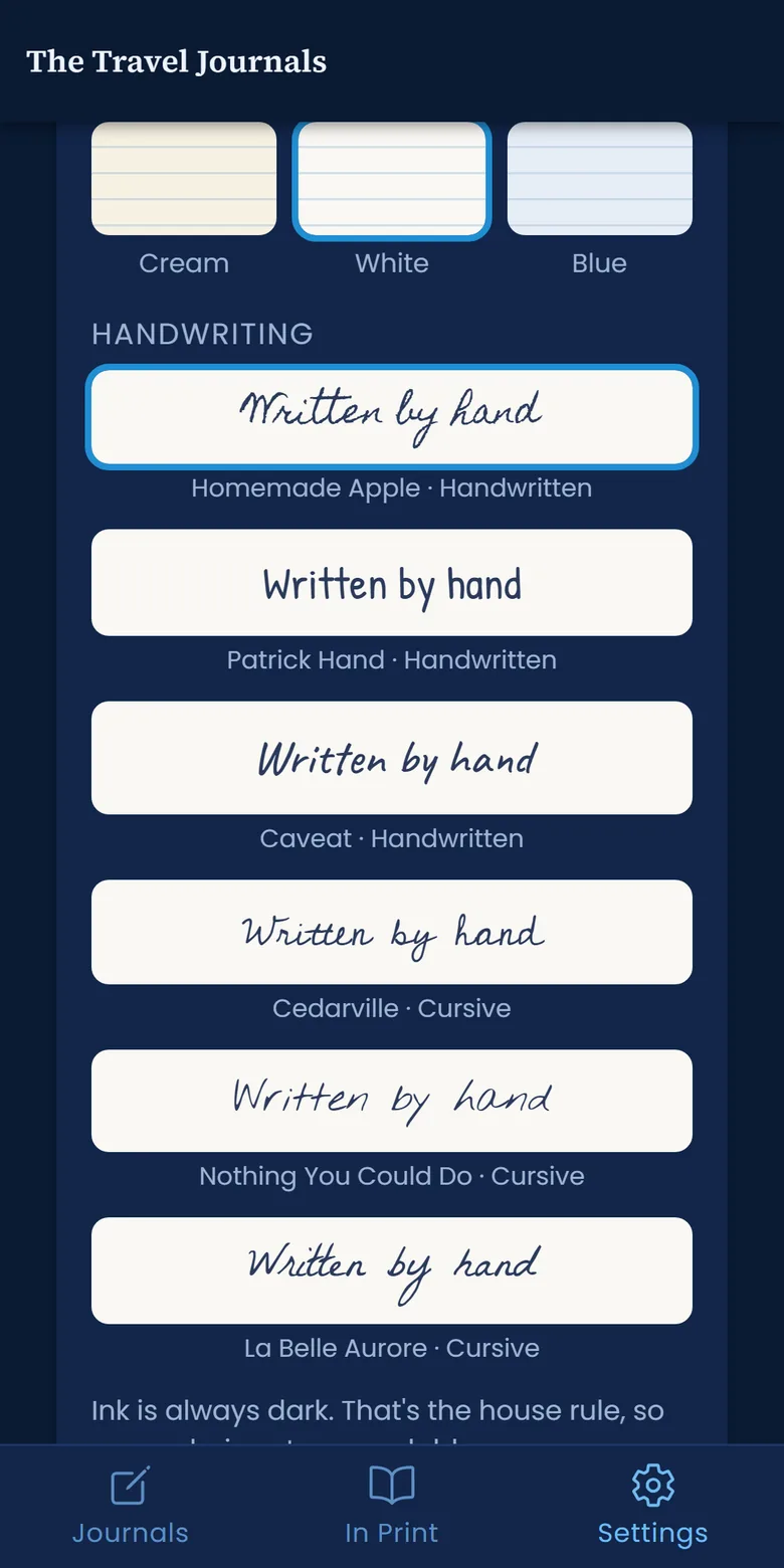 Choosing paper color and a handwriting style in the Travel Journals app settings, with live samples of each handwriting style