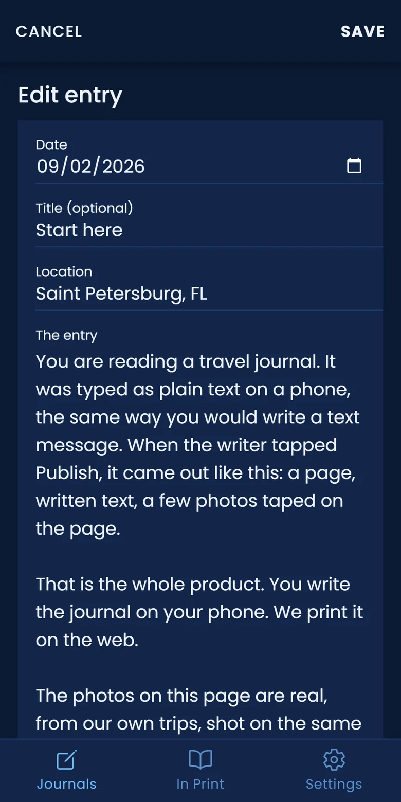 Writing an entry in the Travel Journals app: a date, a title, a place, and a few plain sentences about the day